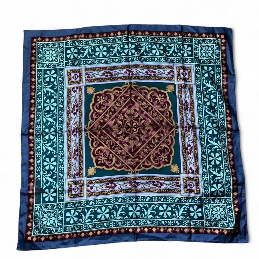 Ornate Teal & Burgundy Square Silk-Feel Scarf
